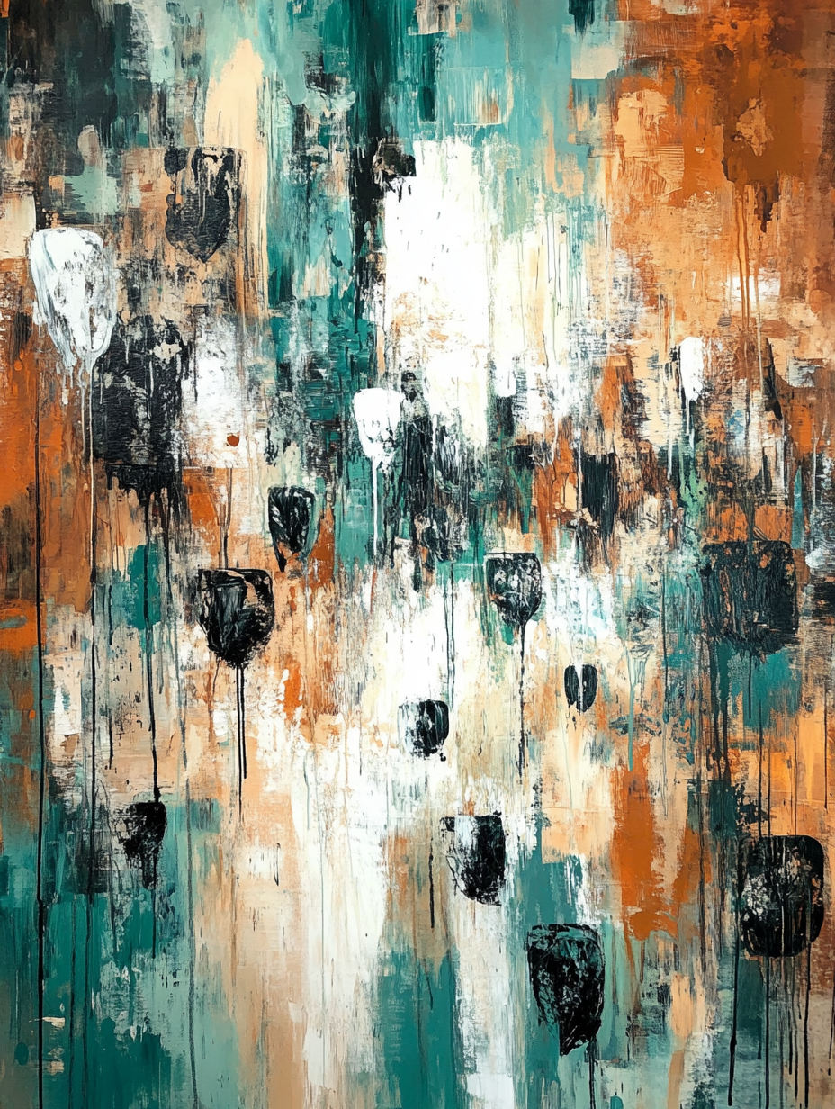 Abstract art painting with orange and teal colors on a white canvas.